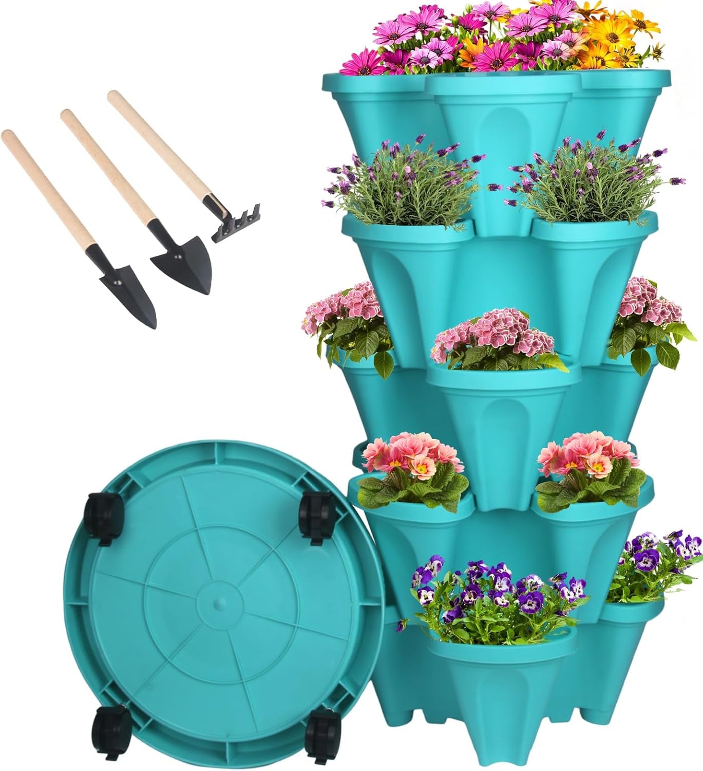 Vertical Planter 7 Tier Stackable Planters Garden Planters Strawberry Herb Flower and Vegetable Planter Indoor Outdoor Gardening Pots with Removable Wheels and Tools