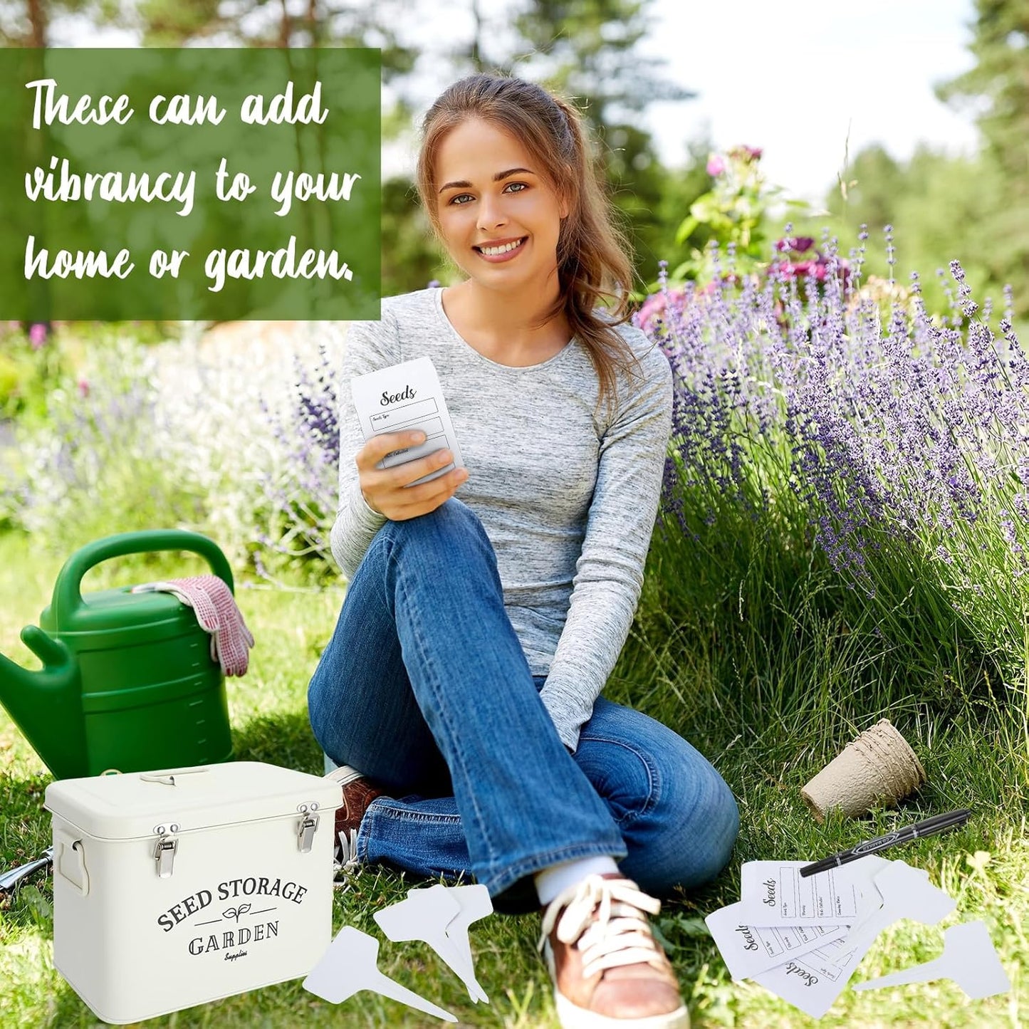  Seed Storage Organizer Box with Lid  | Decorative Garden Seed Packet Container | Includes Dividers, 100 Plant Labels, 50 Envelopes & 2 Marker Pens  (Stylish – 8.5” x 5.5” x 6.7”)