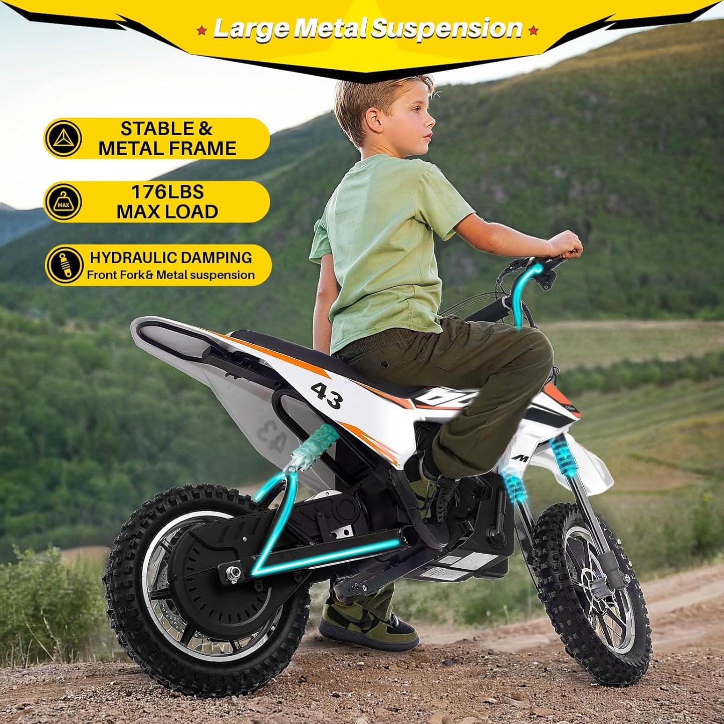  Kids Electric Dirt Bike 36V 650W – SRK-MC20 Pro  | Off-Road Motocross Motorcycle w/ 17MPH Speed  | Twist Throttle, Dual Suspension, Leather Seat & Brakes 