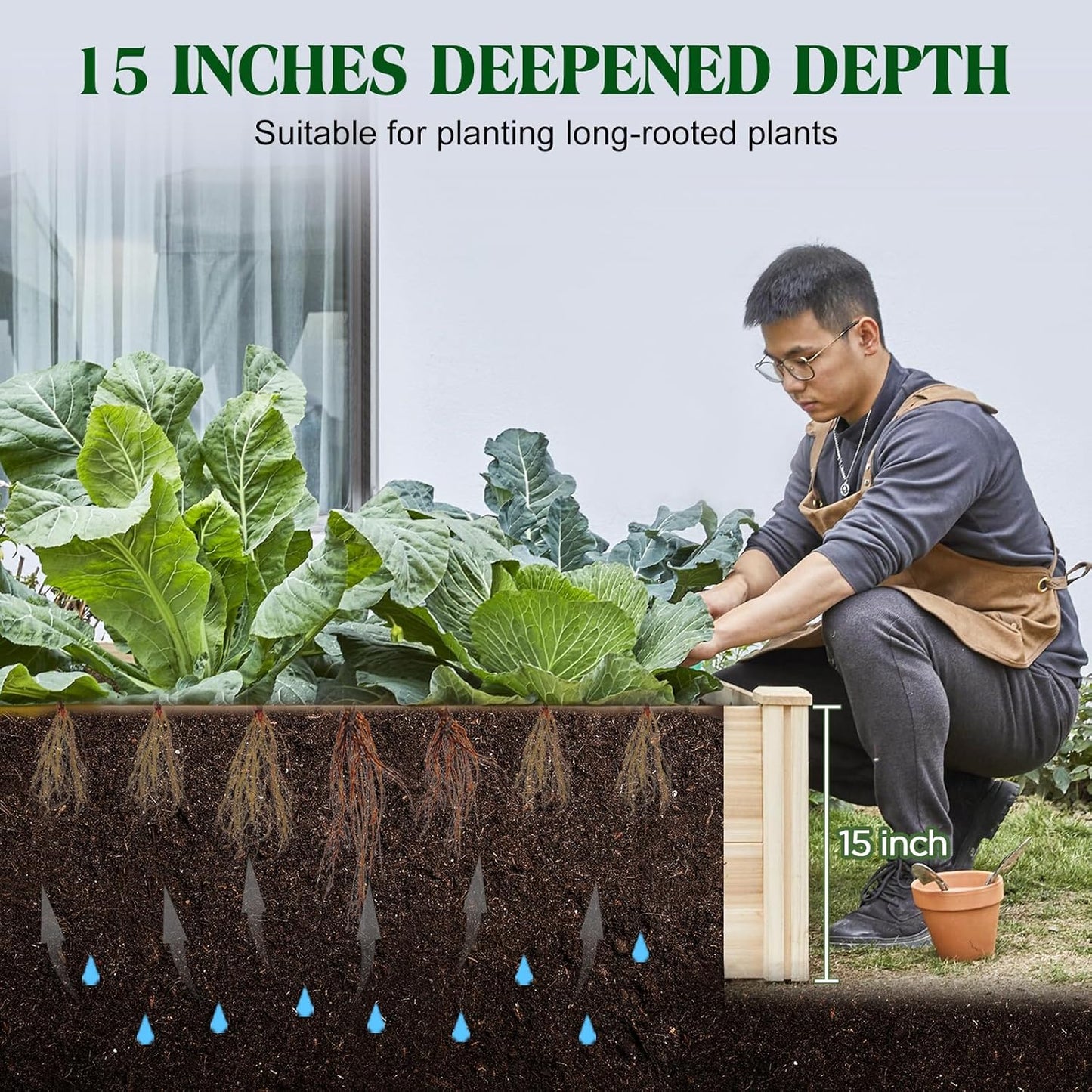 8x4 Ft Wood Raised Garden Bed – Durable 15-Inch Depth Planter Box for Vegetables, Herbs, and Flowers – Ideal for Outdoor Gardening with Open Base