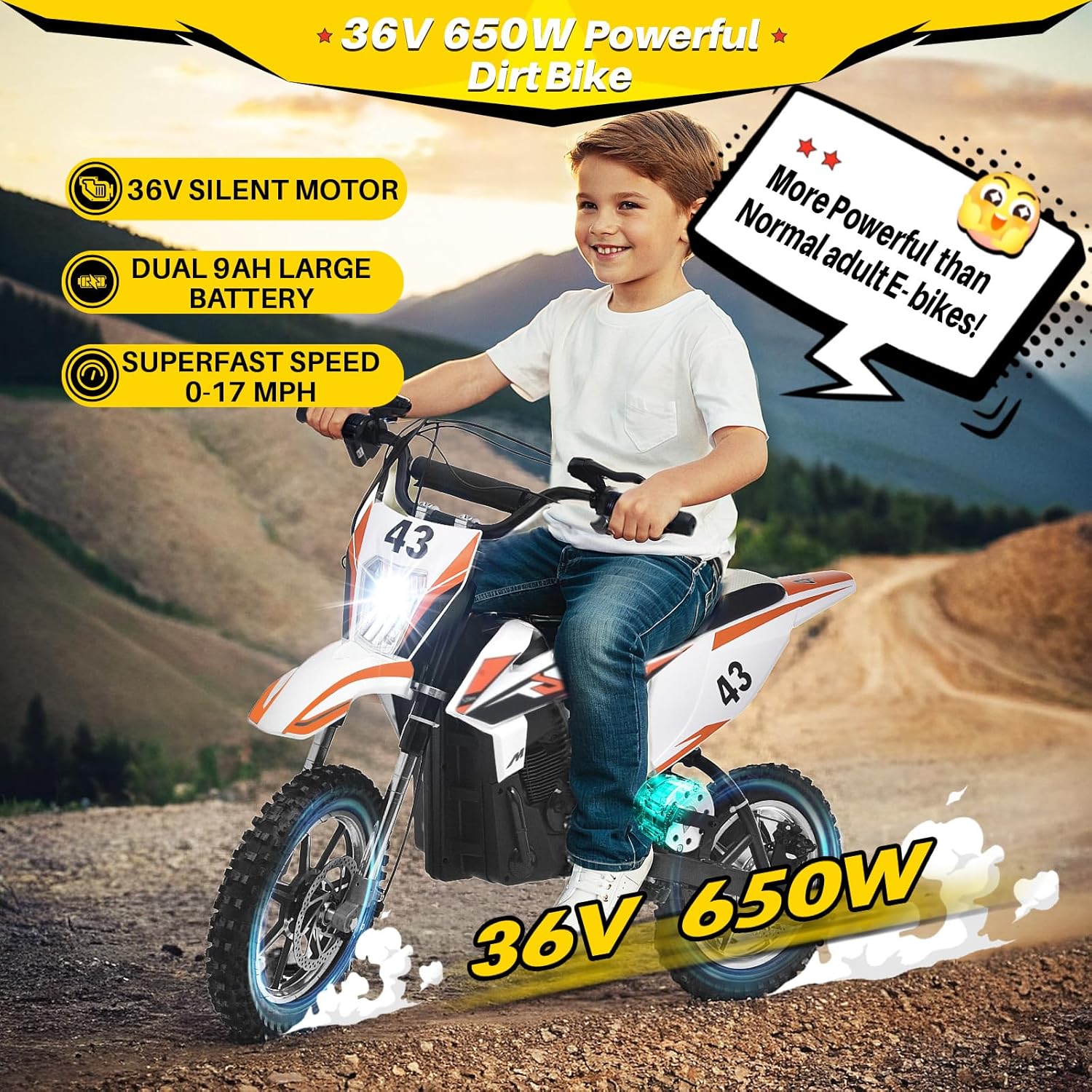  Kids Electric Dirt Bike 36V 650W – SRK-MC20 Pro  | Off-Road Motocross Motorcycle w/ 17MPH Speed  | Twist Throttle, Dual Suspension, Leather Seat & Brakes 