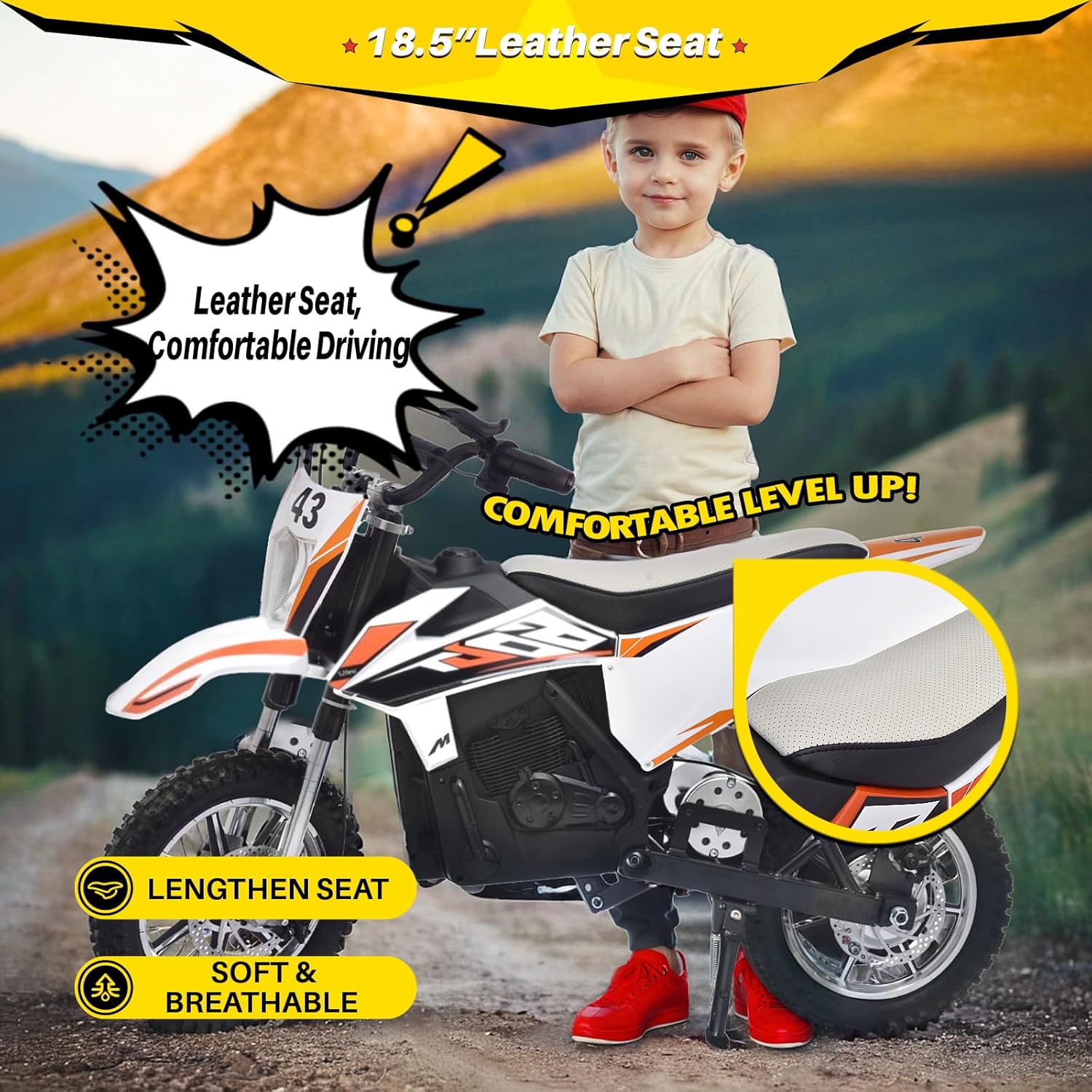  Kids Electric Dirt Bike 36V 650W – SRK-MC20 Pro  | Off-Road Motocross Motorcycle w/ 17MPH Speed  | Twist Throttle, Dual Suspension, Leather Seat & Brakes 