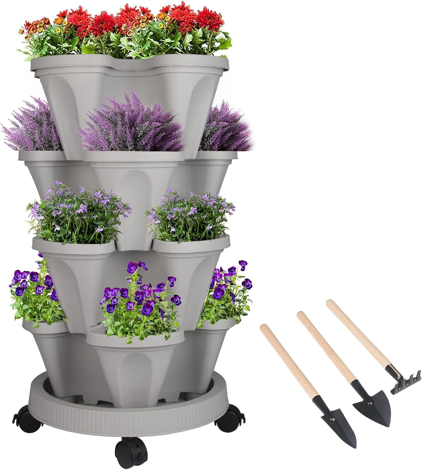 Vertical Planter 7 Tier Stackable Planters Garden Planters Strawberry Herb Flower and Vegetable Planter Indoor Outdoor Gardening Pots with Removable Wheels and Tools