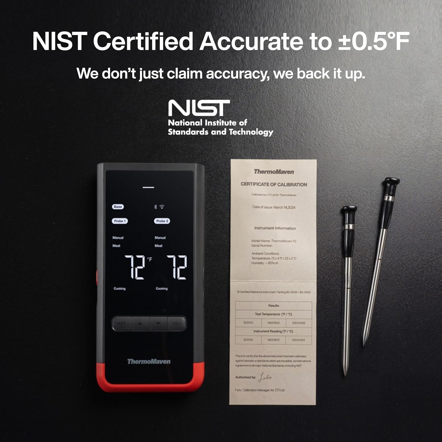 Wireless Bluetooth Smart Meat Thermometer: Standalone Base, WiFi Unlimited Range, 6 Sensors with NIST Certified Accuracy, 2 Probes, for BBQ, Grill, Oven, Smoker, Rotisserie (Red)