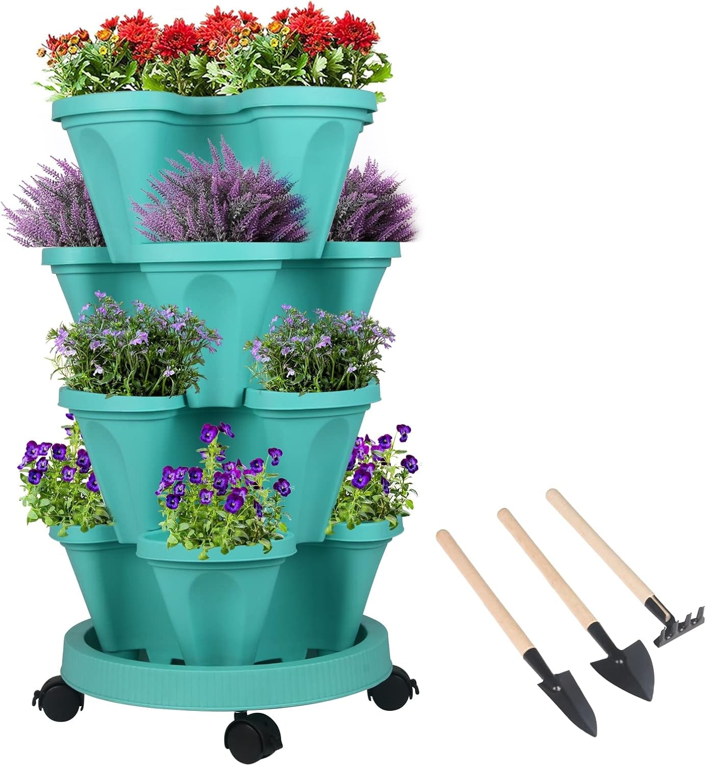 Vertical Planter 7 Tier Stackable Planters Garden Planters Strawberry Herb Flower and Vegetable Planter Indoor Outdoor Gardening Pots with Removable Wheels and Tools