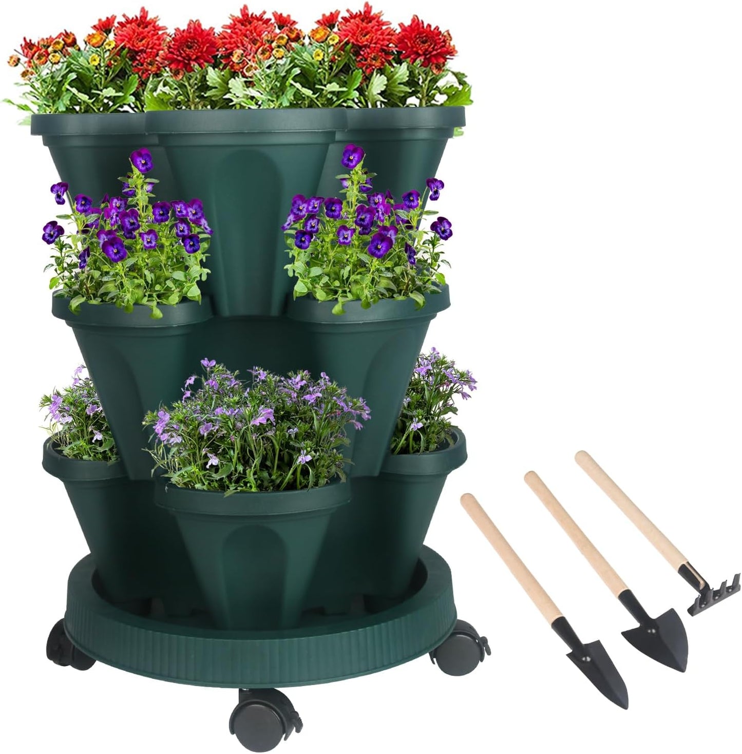 Vertical Planter 7 Tier Stackable Planters Garden Planters Strawberry Herb Flower and Vegetable Planter Indoor Outdoor Gardening Pots with Removable Wheels and Tools