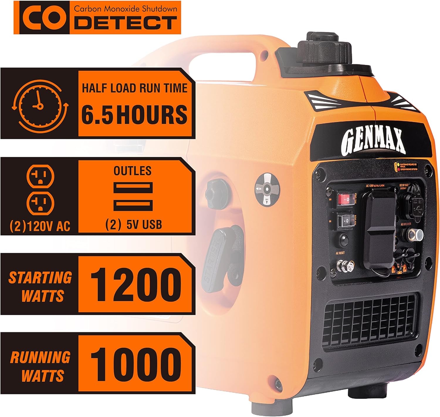 Portable Generator，1200W Ultra-Quiet Gas Engine, EPA Compliant, Eco-Mode Feature, Ultra Lightweight for Backup Home Use & Camping (GM1200i)