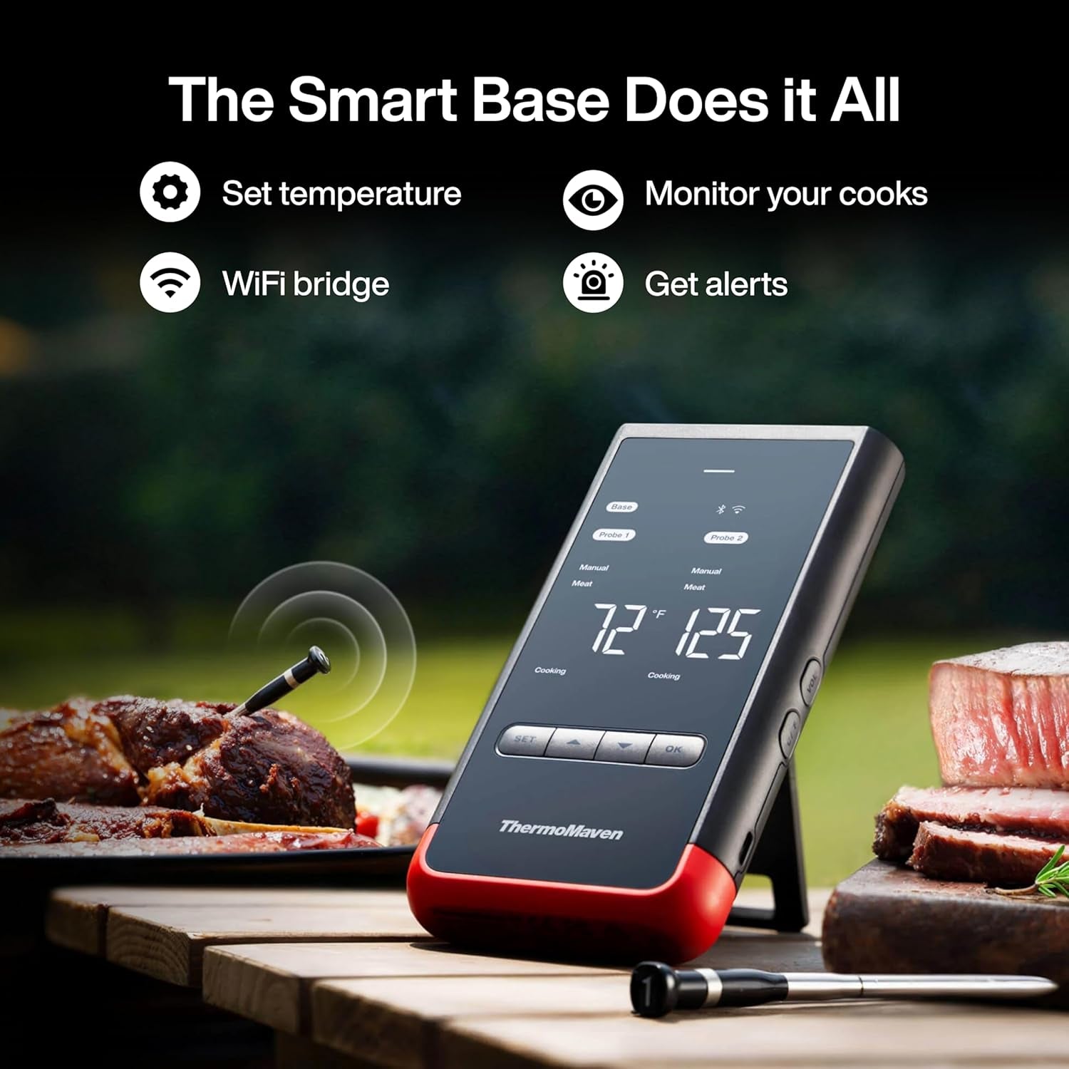 Wireless Bluetooth Smart Meat Thermometer: Standalone Base, WiFi Unlimited Range, 6 Sensors with NIST Certified Accuracy, 2 Probes, for BBQ, Grill, Oven, Smoker, Rotisserie (Red)