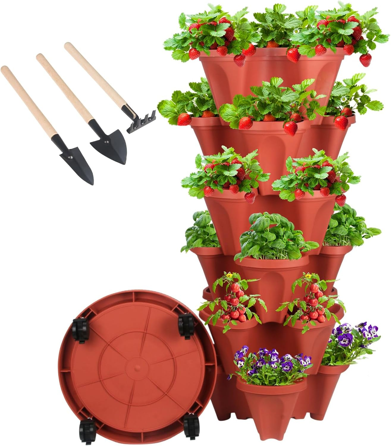 Vertical Planter 7 Tier Stackable Planters Garden Planters Strawberry Herb Flower and Vegetable Planter Indoor Outdoor Gardening Pots with Removable Wheels and Tools