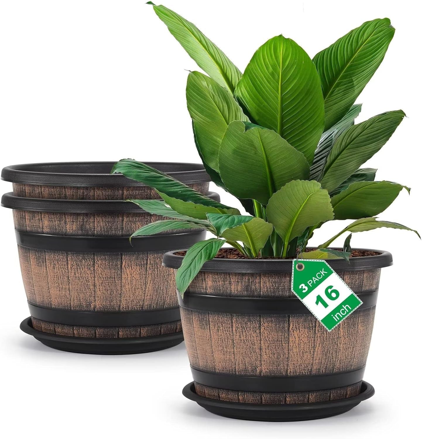Plant Pots Set of 4 Pack 12 inch,Large Whiskey Barrel Planters with Drainage Holes & Saucer.Plastic Flower Pots Imitation Wine Barrel Design, for Indoor & Outdoor Garden Home Plants (Brown)