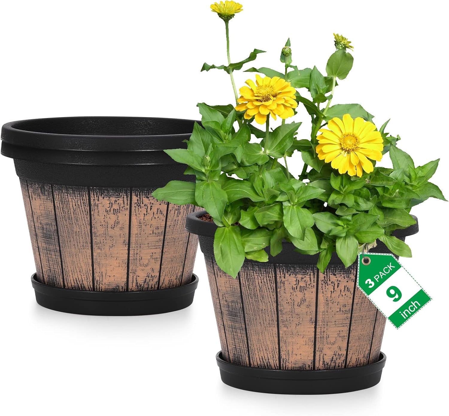 Plant Pots Set of 4 Pack 12 inch,Large Whiskey Barrel Planters with Drainage Holes & Saucer.Plastic Flower Pots Imitation Wine Barrel Design, for Indoor & Outdoor Garden Home Plants (Brown)