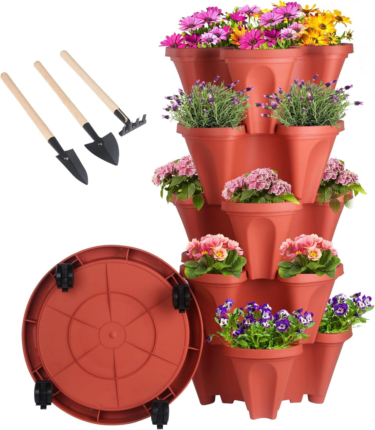 Vertical Planter 7 Tier Stackable Planters Garden Planters Strawberry Herb Flower and Vegetable Planter Indoor Outdoor Gardening Pots with Removable Wheels and Tools