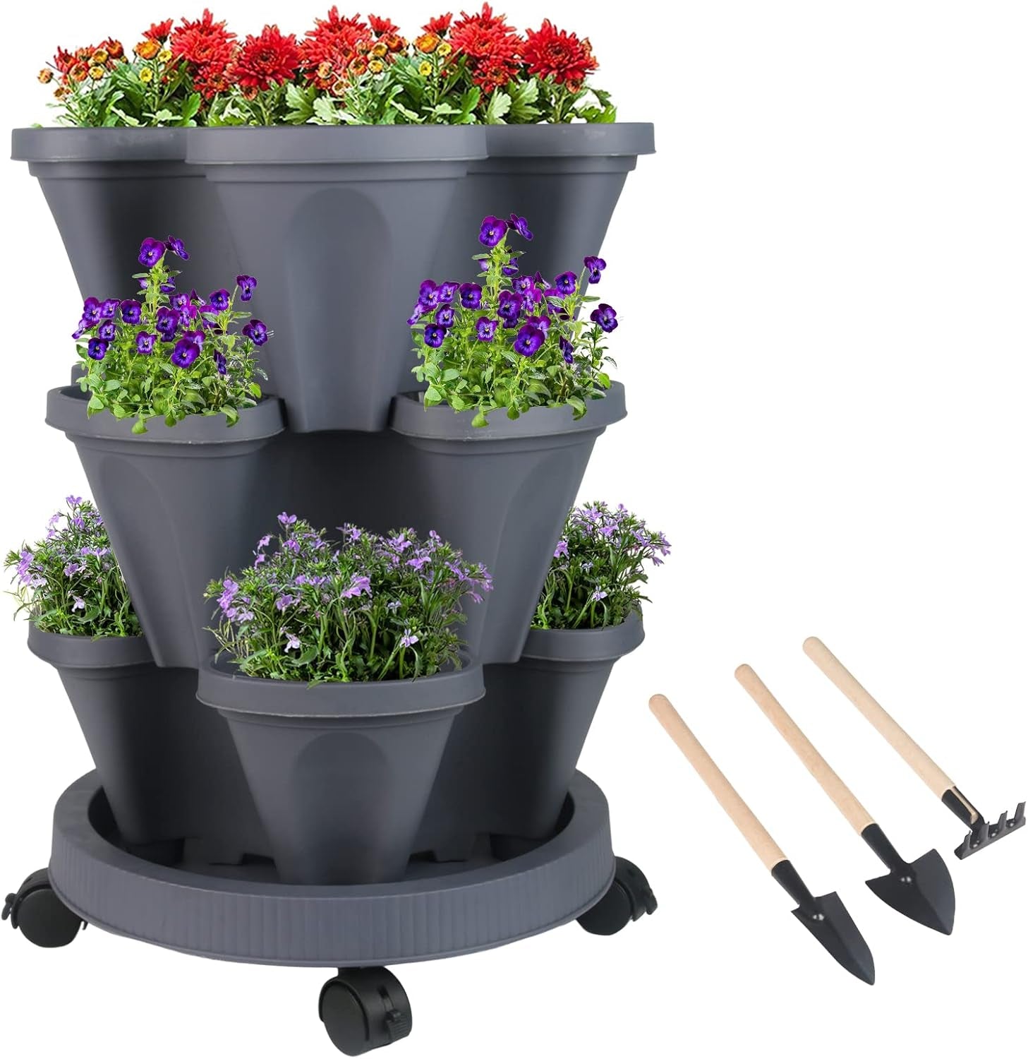 Vertical Planter 7 Tier Stackable Planters Garden Planters Strawberry Herb Flower and Vegetable Planter Indoor Outdoor Gardening Pots with Removable Wheels and Tools