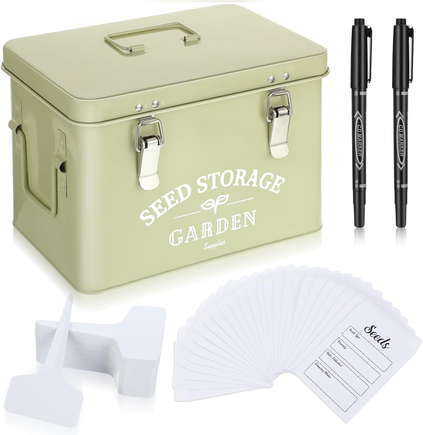  Seed Storage Organizer Box with Lid  | Decorative Garden Seed Packet Container | Includes Dividers, 100 Plant Labels, 50 Envelopes & 2 Marker Pens  (Stylish – 8.5” x 5.5” x 6.7”)