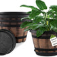 Plant Pots Set of 4 Pack 12 inch,Large Whiskey Barrel Planters with Drainage Holes & Saucer.Plastic Flower Pots Imitation Wine Barrel Design, for Indoor & Outdoor Garden Home Plants (Brown)