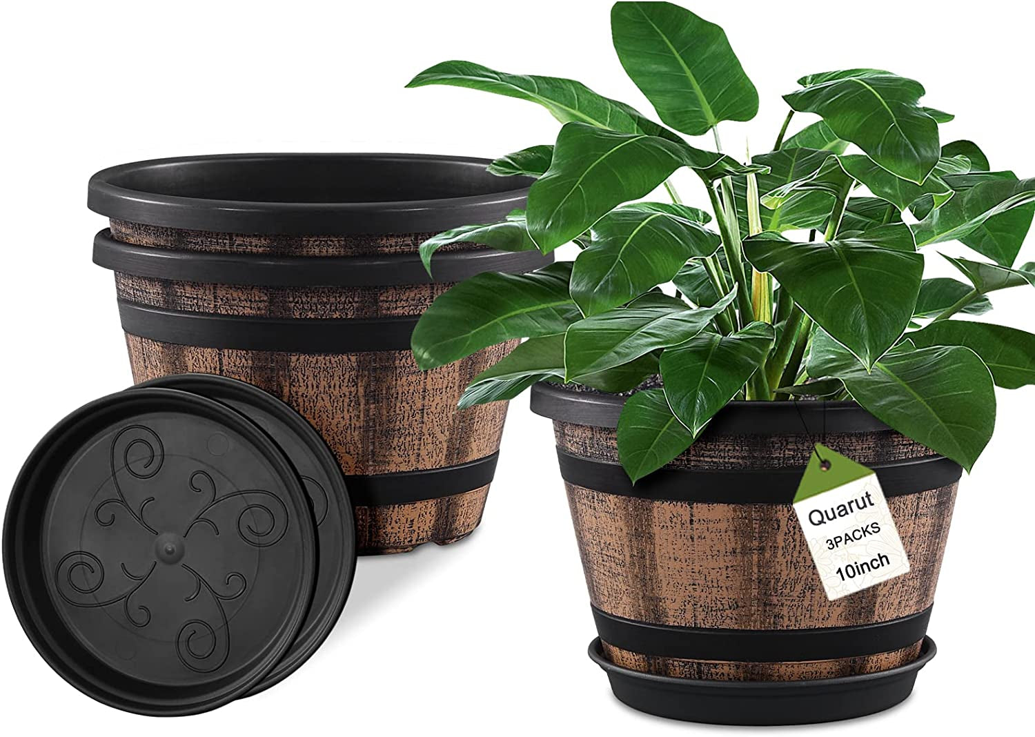 Plant Pots Set of 4 Pack 12 inch,Large Whiskey Barrel Planters with Drainage Holes & Saucer.Plastic Flower Pots Imitation Wine Barrel Design, for Indoor & Outdoor Garden Home Plants (Brown)