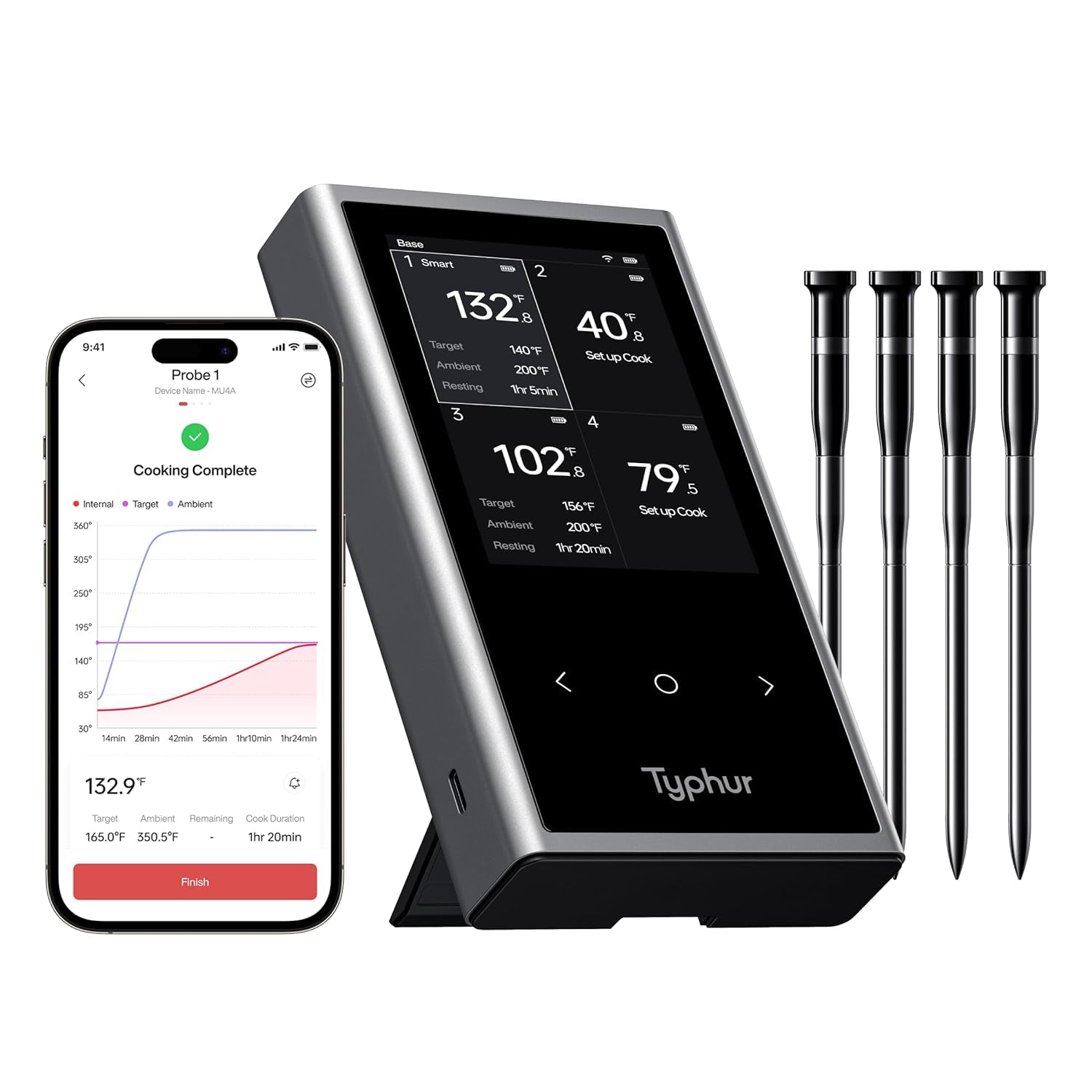 Sync WiFi Wireless Meat Thermometer Digital, 2 Probes, Smart Base, LCD Display, Unlimited Range, Bluetooth 5.4, Improved Stability, NIST-Certified Accuracy, BBQ, Grill, Smoker, Oven, Kitchen