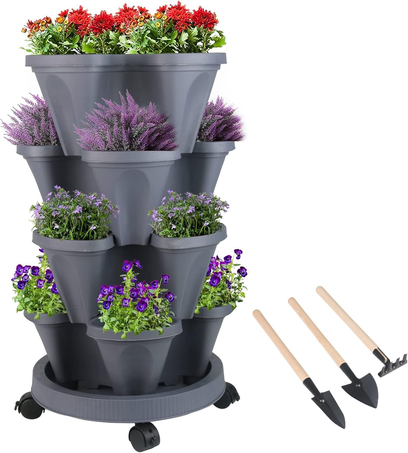 Vertical Planter 7 Tier Stackable Planters Garden Planters Strawberry Herb Flower and Vegetable Planter Indoor Outdoor Gardening Pots with Removable Wheels and Tools