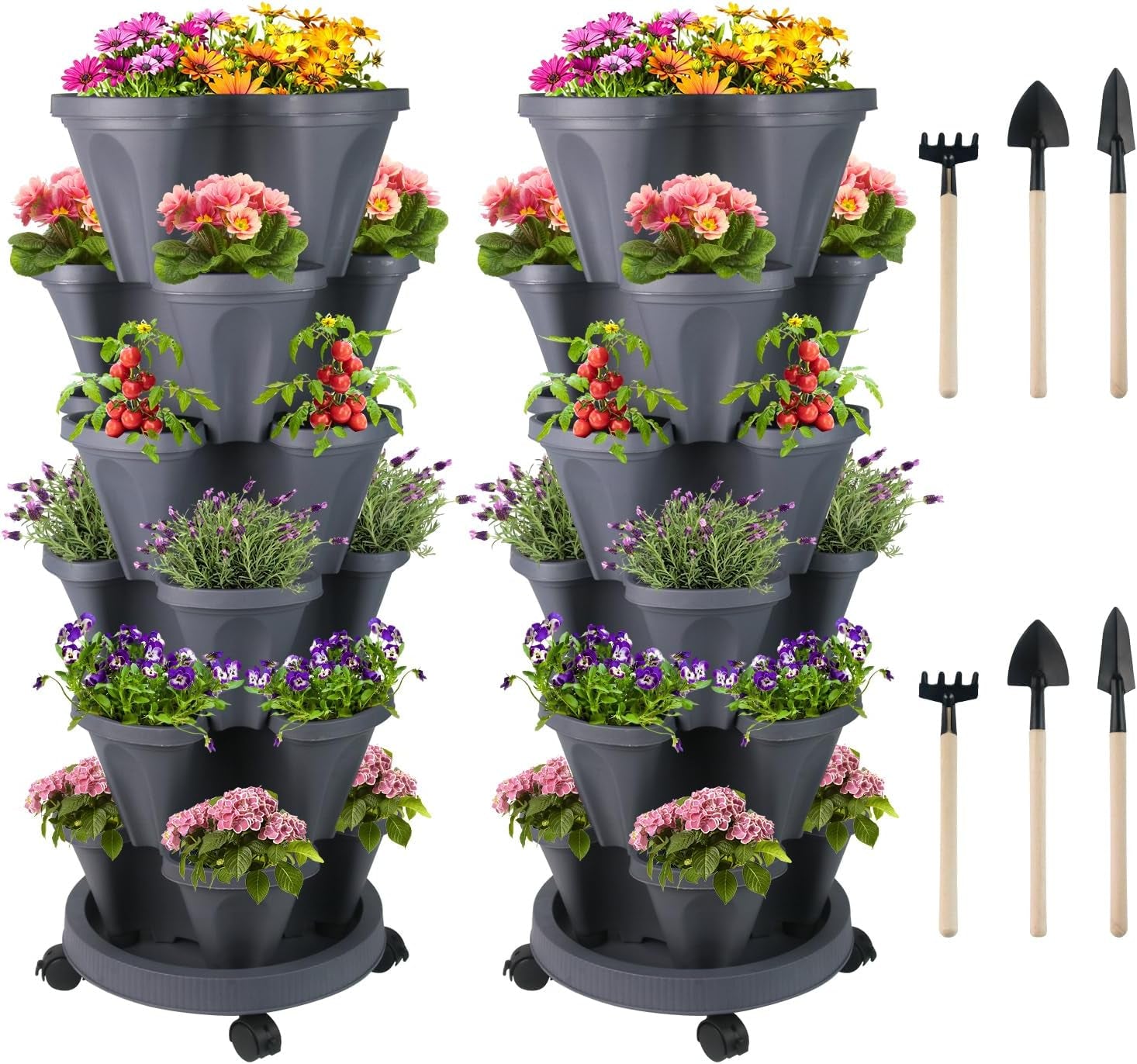 Vertical Planter 7 Tier Stackable Planters Garden Planters Strawberry Herb Flower and Vegetable Planter Indoor Outdoor Gardening Pots with Removable Wheels and Tools