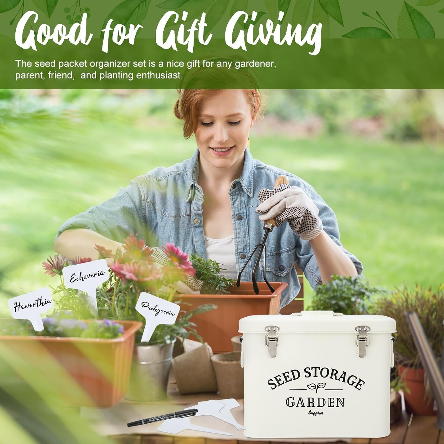  Seed Storage Organizer Box with Lid  | Decorative Garden Seed Packet Container | Includes Dividers, 100 Plant Labels, 50 Envelopes & 2 Marker Pens  (Stylish – 8.5” x 5.5” x 6.7”)