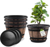 Plant Pots Set of 4 Pack 12 inch,Large Whiskey Barrel Planters with Drainage Holes & Saucer.Plastic Flower Pots Imitation Wine Barrel Design, for Indoor & Outdoor Garden Home Plants (Brown)