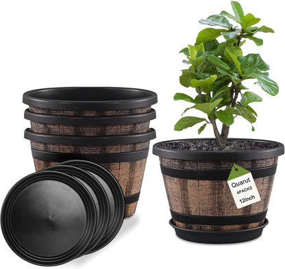 Plant Pots Set of 4 Pack 12 inch,Large Whiskey Barrel Planters with Drainage Holes & Saucer.Plastic Flower Pots Imitation Wine Barrel Design, for Indoor & Outdoor Garden Home Plants (Brown)