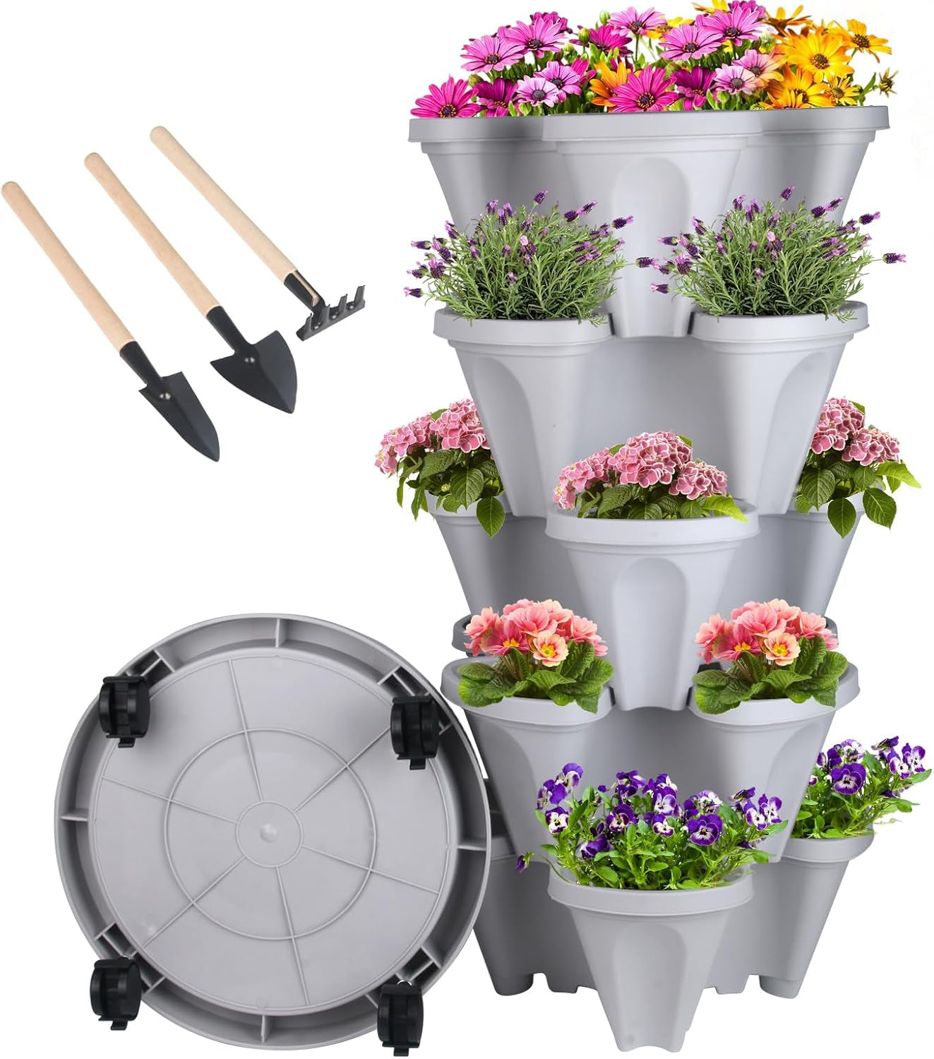 Vertical Planter 7 Tier Stackable Planters Garden Planters Strawberry Herb Flower and Vegetable Planter Indoor Outdoor Gardening Pots with Removable Wheels and Tools