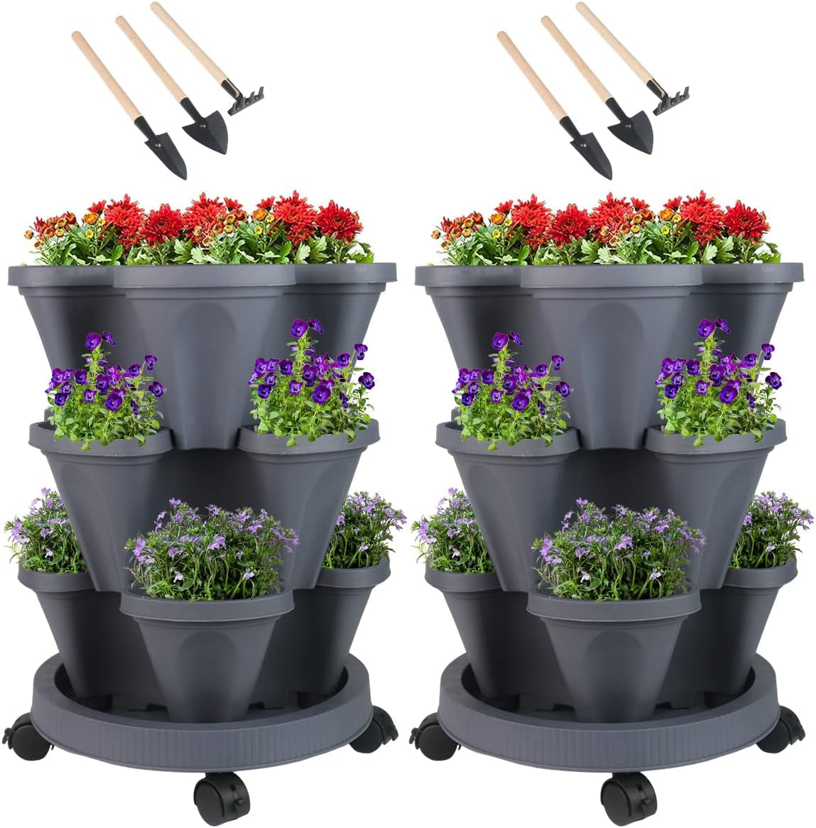 Vertical Planter 7 Tier Stackable Planters Garden Planters Strawberry Herb Flower and Vegetable Planter Indoor Outdoor Gardening Pots with Removable Wheels and Tools