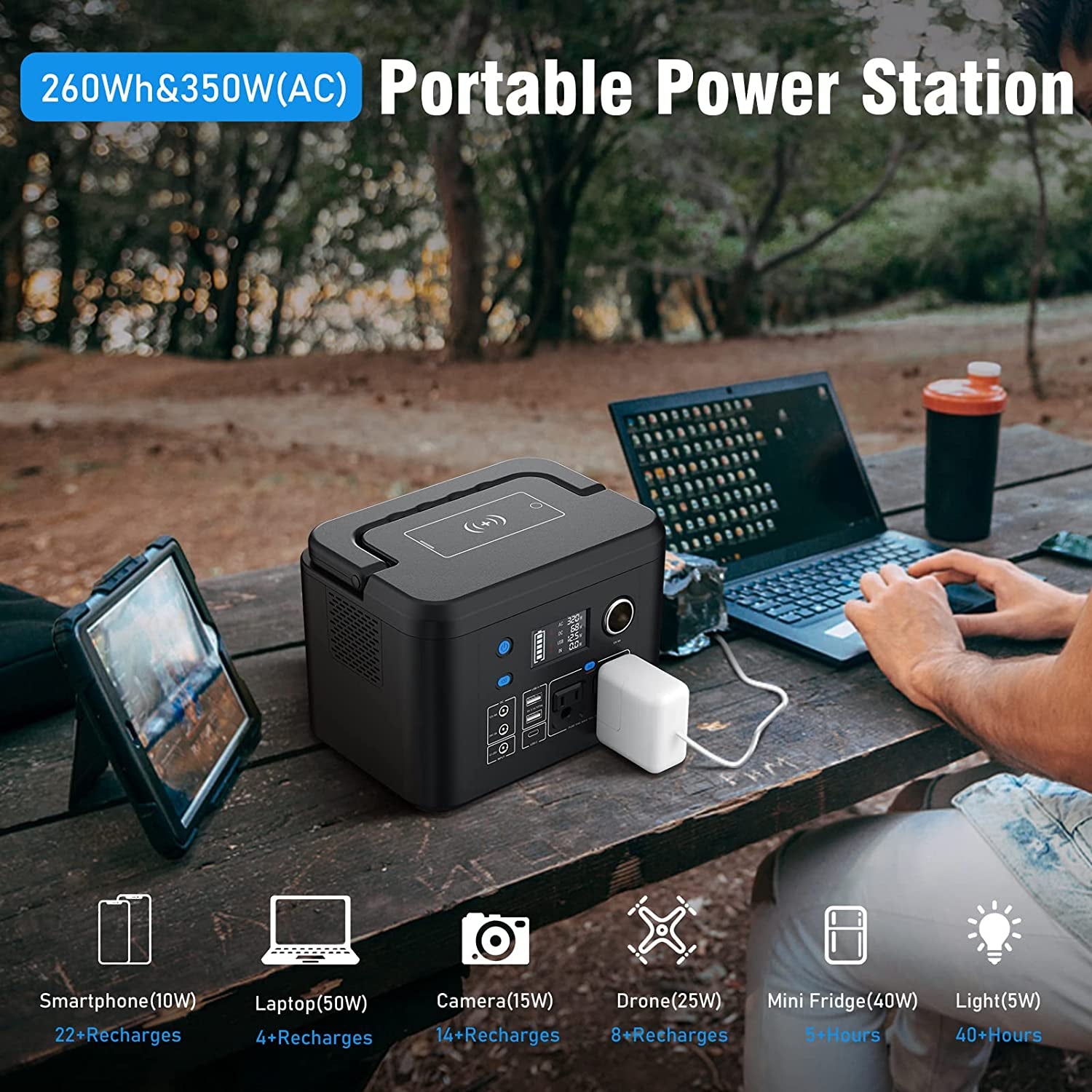 350W Portable Solar Generator with 60W Solar Panel,  70,000mAh Backup Lithium Battery, 110V/350W Pure Sine Wave AC Outlet, Power Station with Solar Panel for Outdoors Camping Travel Hunting