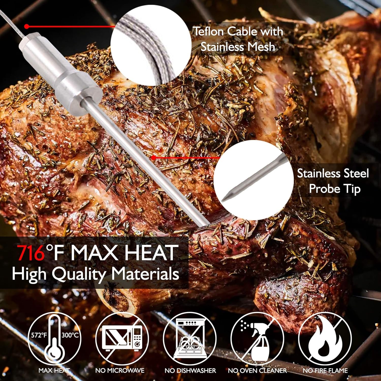 Smart Bluetooth BBQ Grill Thermometer - Digital Display, Stainless Dual Probes Safe to Leave in Outdoor Barbecue Meat Smoker - Wireless Remote Alert iOS Android Phone WiFi App - PWIRBBQ60