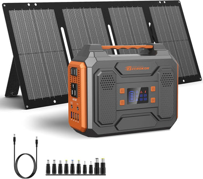 Portable Solar Generator, 300W Portable Power Station with Foldable 60W Solar Panel, 110V Pure Sine Wave 280Wh Lithium Battery Pack with USB DC AC Outlet for Home Use RV Van Outdoor Camping-Orange