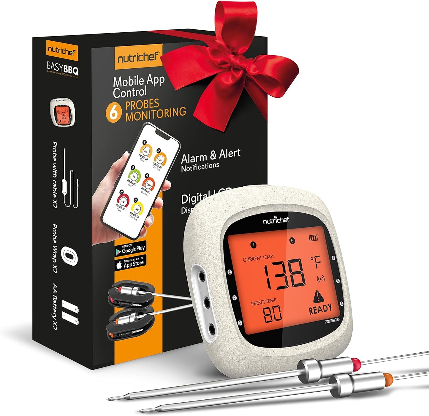 Bluetooth Meat Thermometer for Grilling and Smoking, up to 6 Temperature Probes and Smart APP, 400 Ft Range, LCD