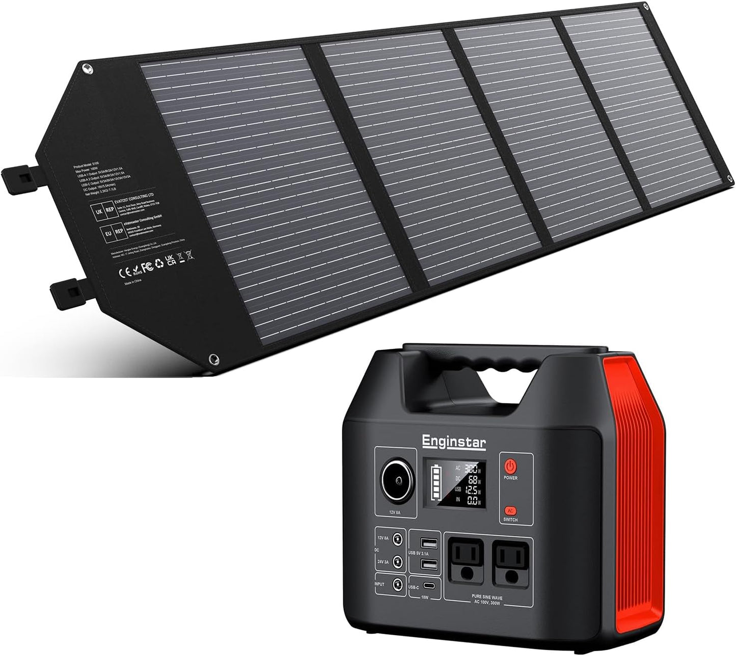 Portable Power Station, 300W 296Wh Battery Bank with 110V Pure Sine Wave AC Outlet,100W Foldable Solar Panel Charger with 18V DC Outlet for Portable Power Stations