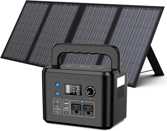 350W Portable Solar Generator with 60W Solar Panel,  70,000mAh Backup Lithium Battery, 110V/350W Pure Sine Wave AC Outlet, Power Station with Solar Panel for Outdoors Camping Travel Hunting