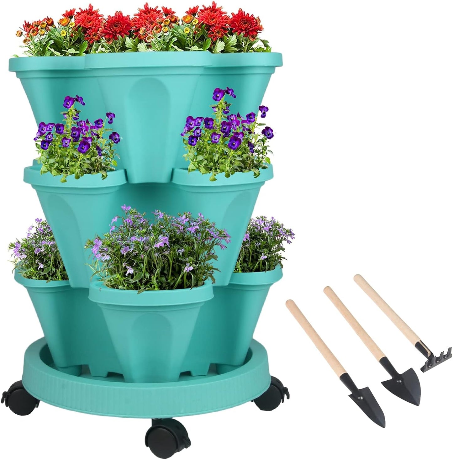 Vertical Planter 7 Tier Stackable Planters Garden Planters Strawberry Herb Flower and Vegetable Planter Indoor Outdoor Gardening Pots with Removable Wheels and Tools
