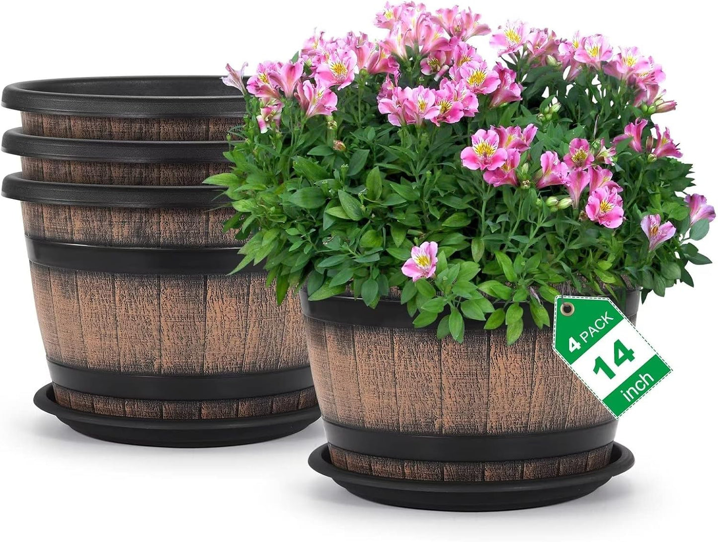Plant Pots Set of 4 Pack 12 inch,Large Whiskey Barrel Planters with Drainage Holes & Saucer.Plastic Flower Pots Imitation Wine Barrel Design, for Indoor & Outdoor Garden Home Plants (Brown)