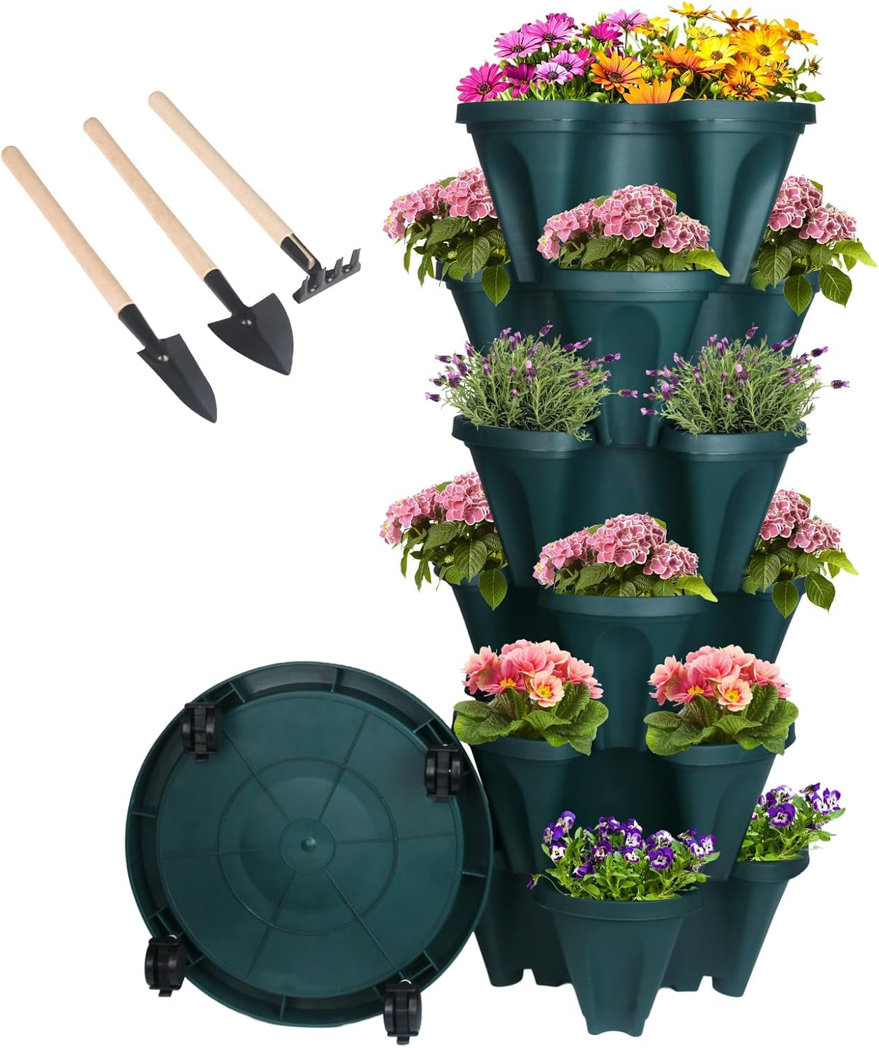 Vertical Planter 7 Tier Stackable Planters Garden Planters Strawberry Herb Flower and Vegetable Planter Indoor Outdoor Gardening Pots with Removable Wheels and Tools