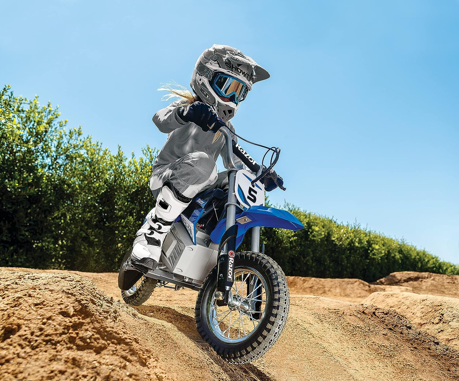 Electric Dirt Bike for Kids 13+, with 250W Motor and Rechargeable 24V Battery System, Pneumatic Tires, and Chain-Driven Motor, Blue