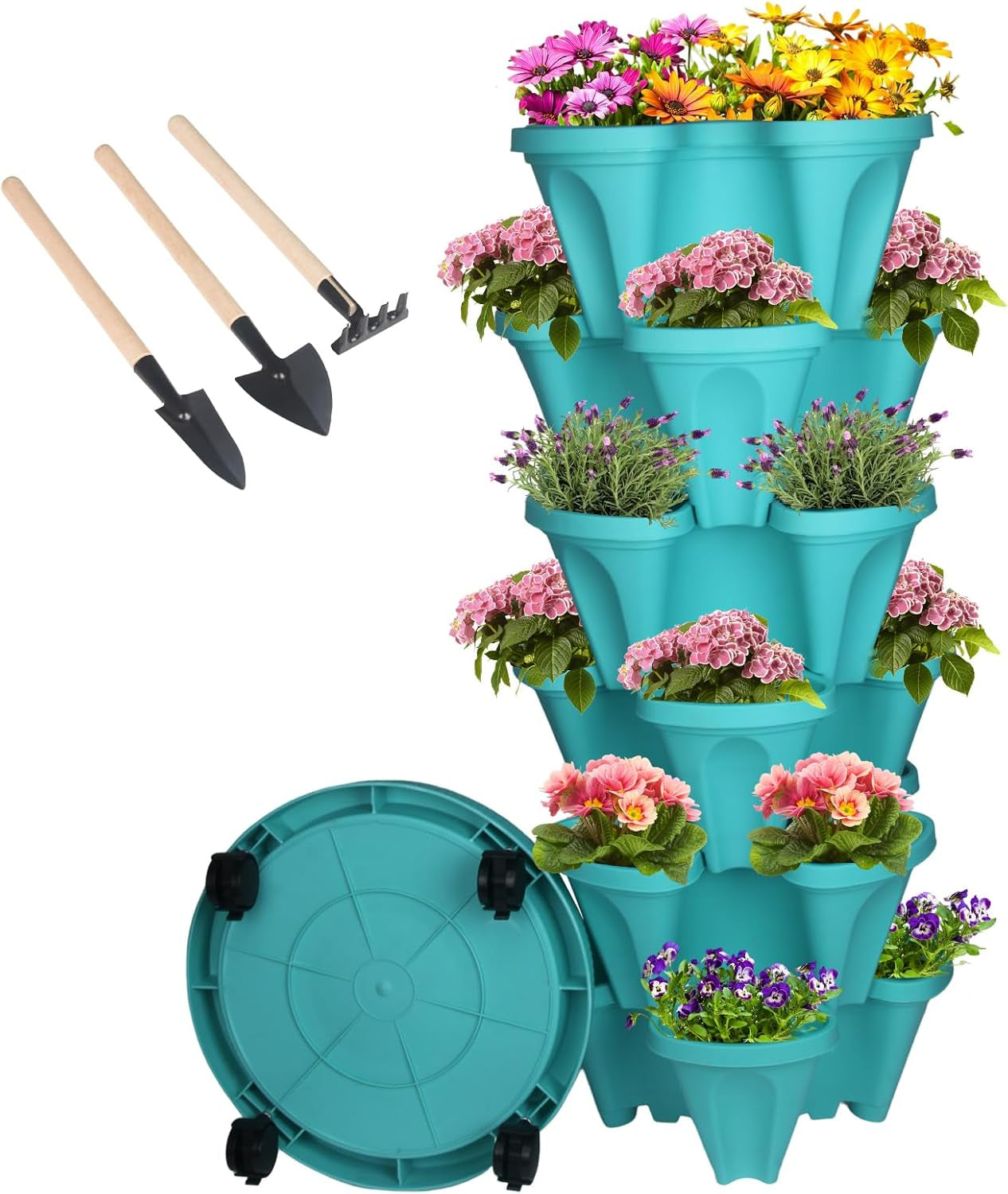 Vertical Planter 7 Tier Stackable Planters Garden Planters Strawberry Herb Flower and Vegetable Planter Indoor Outdoor Gardening Pots with Removable Wheels and Tools