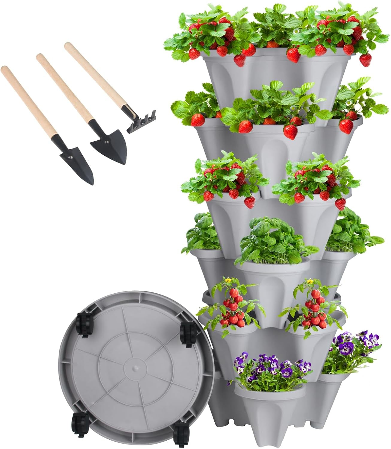 Vertical Planter 7 Tier Stackable Planters Garden Planters Strawberry Herb Flower and Vegetable Planter Indoor Outdoor Gardening Pots with Removable Wheels and Tools