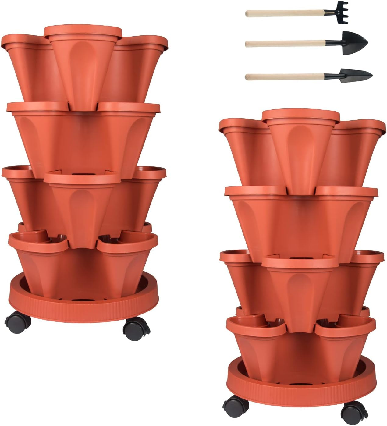 Vertical Planter 7 Tier Stackable Planters Garden Planters Strawberry Herb Flower and Vegetable Planter Indoor Outdoor Gardening Pots with Removable Wheels and Tools