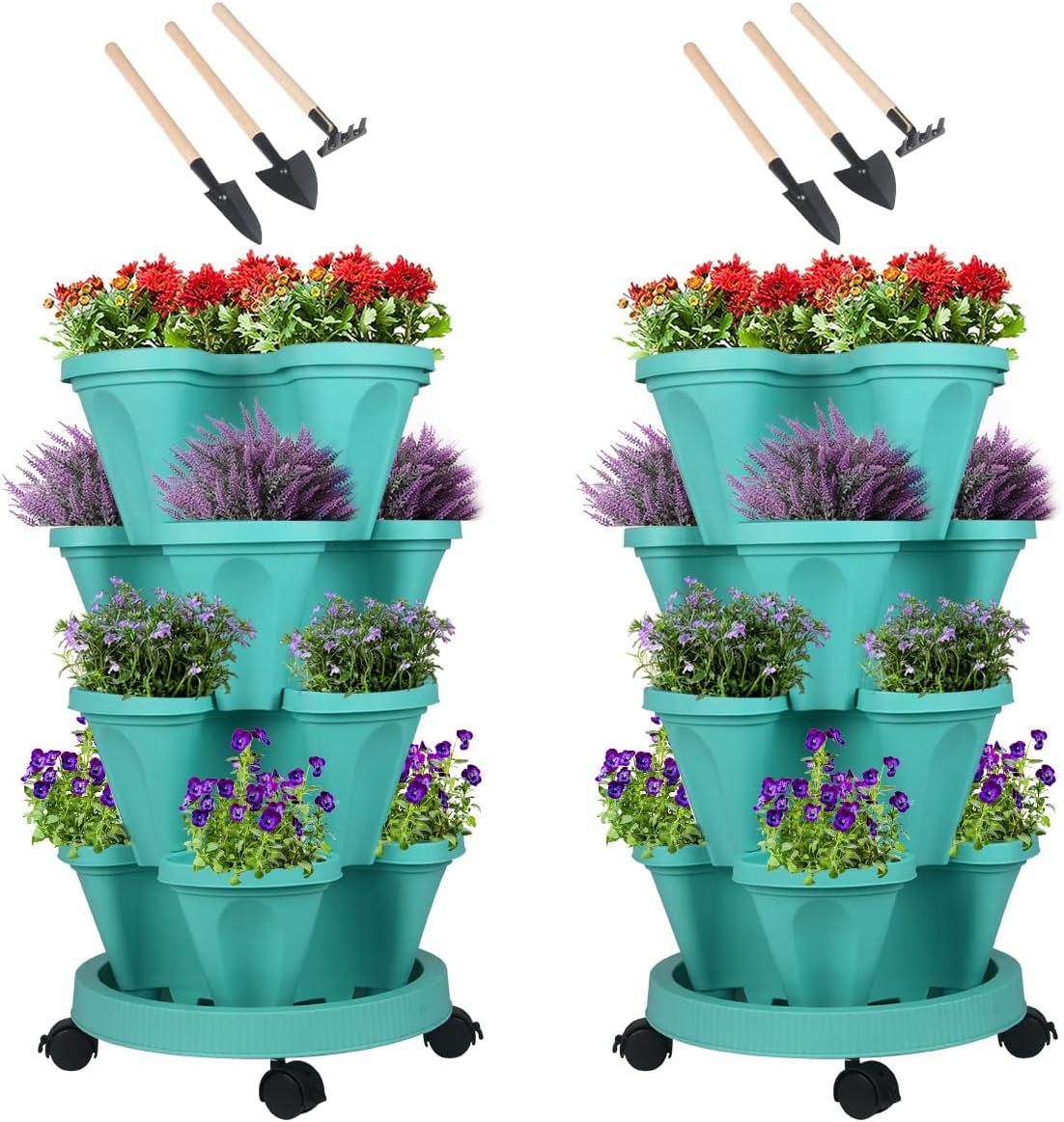 Vertical Planter 7 Tier Stackable Planters Garden Planters Strawberry Herb Flower and Vegetable Planter Indoor Outdoor Gardening Pots with Removable Wheels and Tools