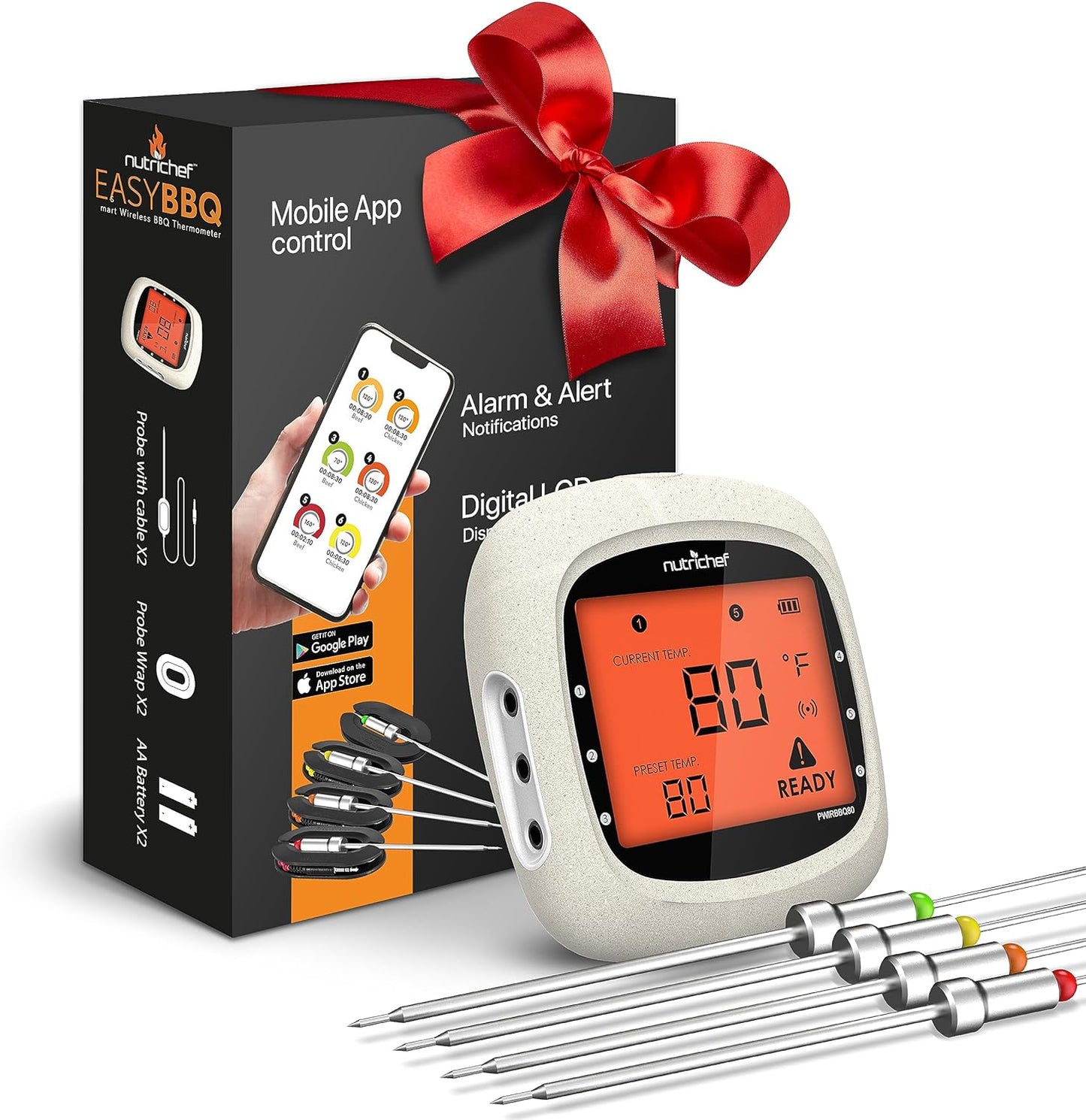 Bluetooth Meat Thermometer for Grilling and Smoking, up to 6 Temperature Probes and Smart APP, 400 Ft Range, LCD