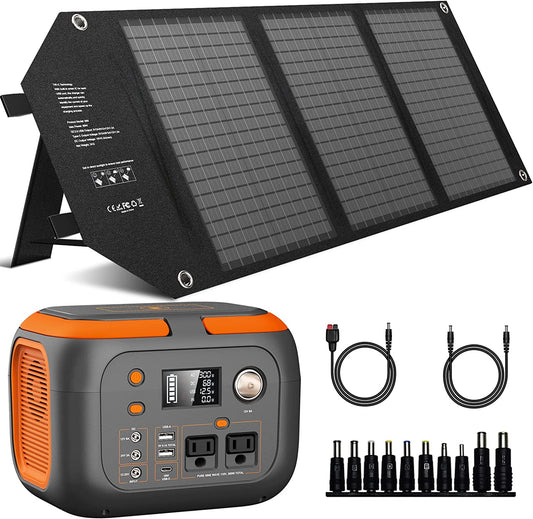 300W Portable Power Station 260Wh Outdoor Solar Generators Mobile Lithium Battery Pack 110V Outlet Solar Power Bank Camping Power Supply for Laptop with 60W Solar Panel