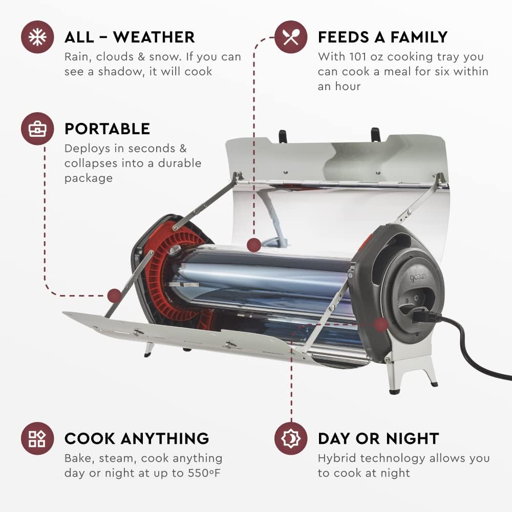 Fusion Solar Oven and Cooker | Hybrid Electric Grill | Portable & High Capacity | Indoor or Outdoor Solar Cooker | American Oven Camping Cookware | Survival Gear Powered by Sun or Electricity