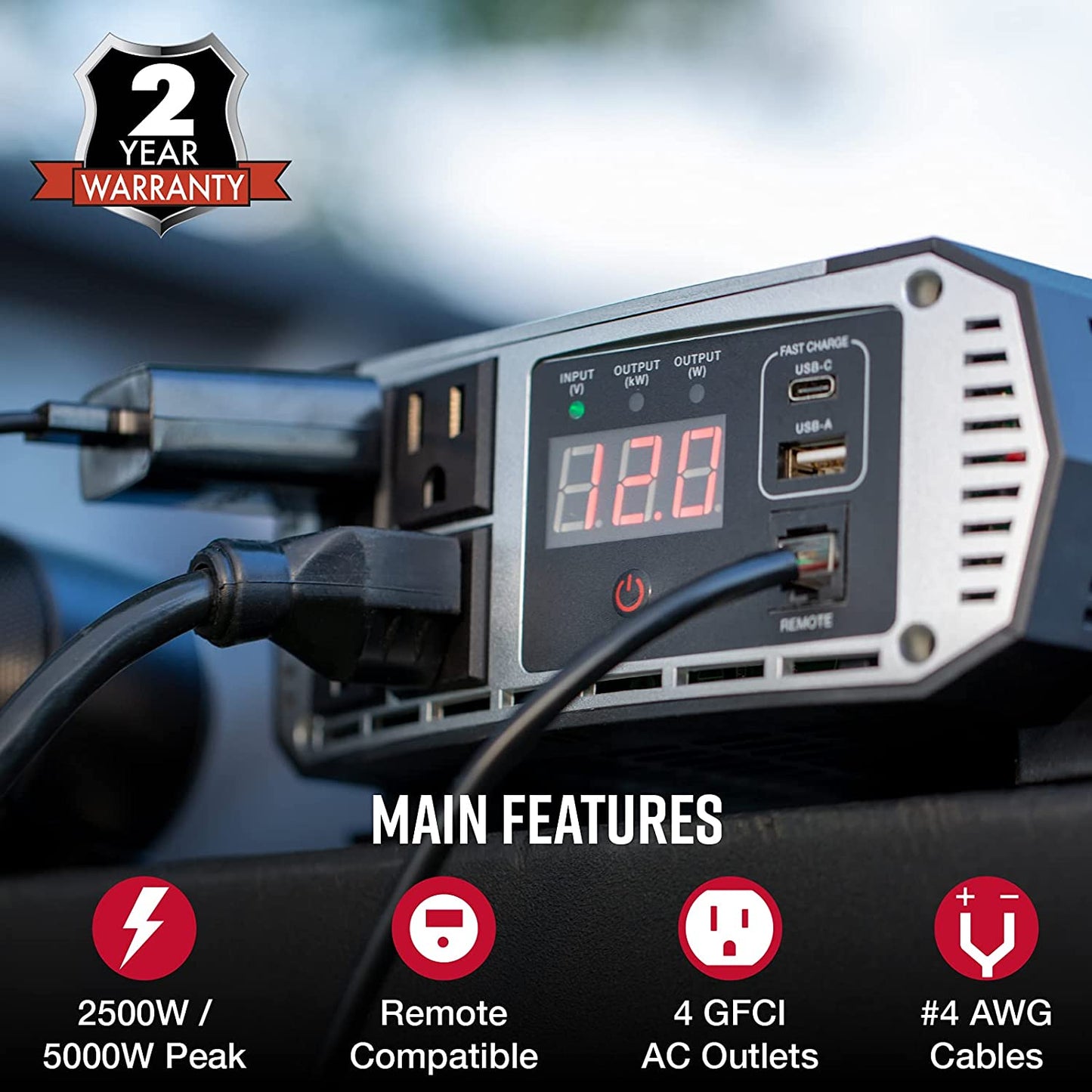 PRO 2500W Professional Grade Power Inverter, Portable – 2500-Watt Car Charger, 4 Grounded AC Outlets, 2 Fast Charge USB Ports and Remote Controller (CPIALCDG1) Compatible