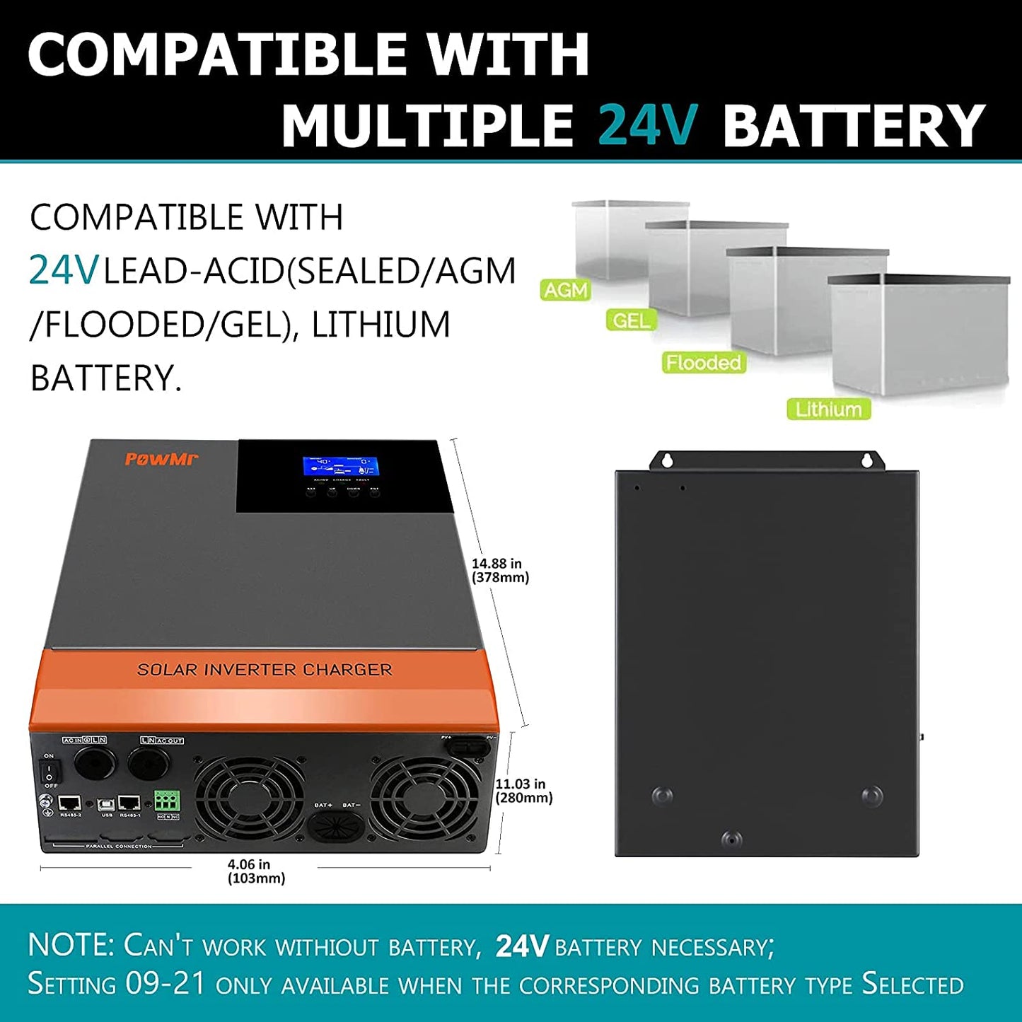 3000W Solar Inverter Pure Sine Wave 24V to 120V Comes with 10 AWG Solar PV Cables 50 feet Red+Black