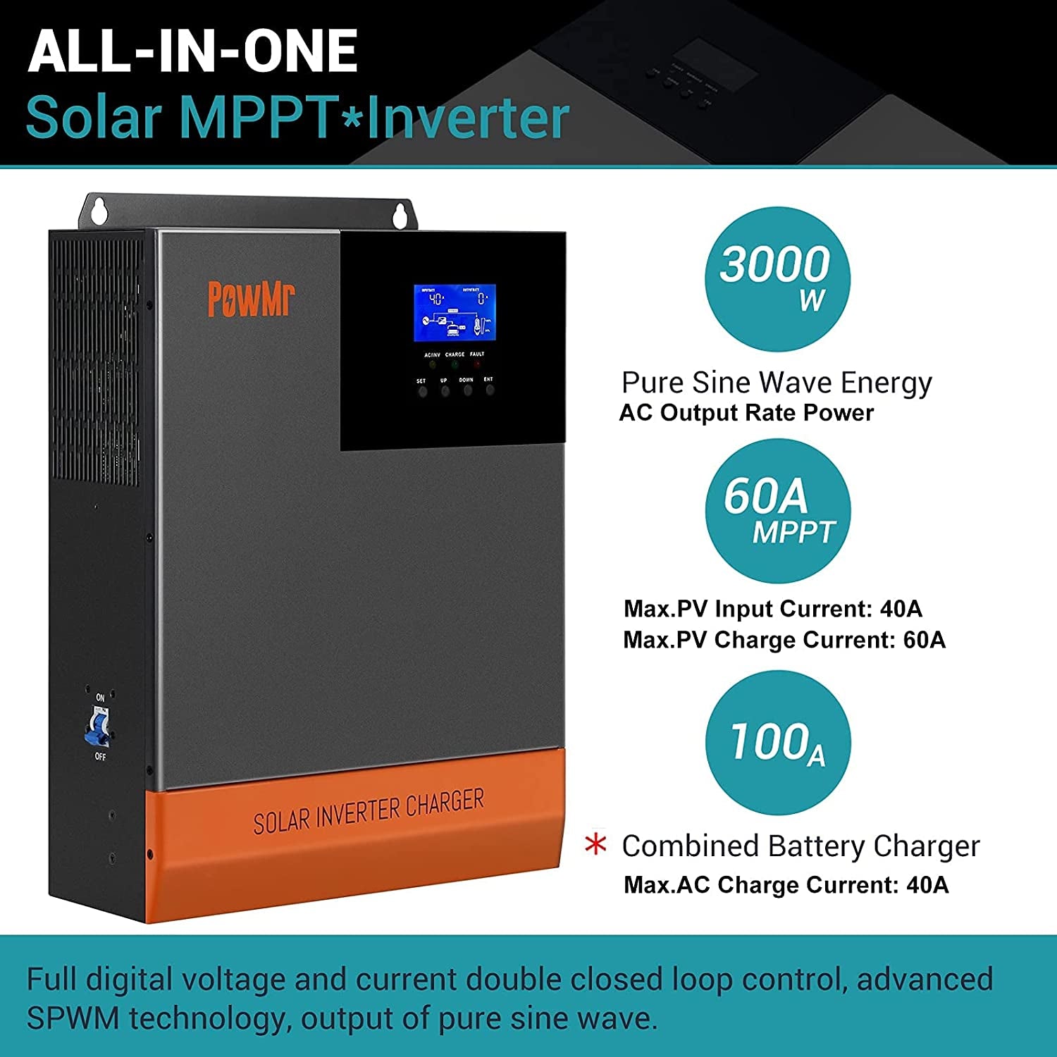 3000W Solar Inverter Pure Sine Wave 24V to 120V Comes with 10 AWG Solar PV Cables 50 feet Red+Black